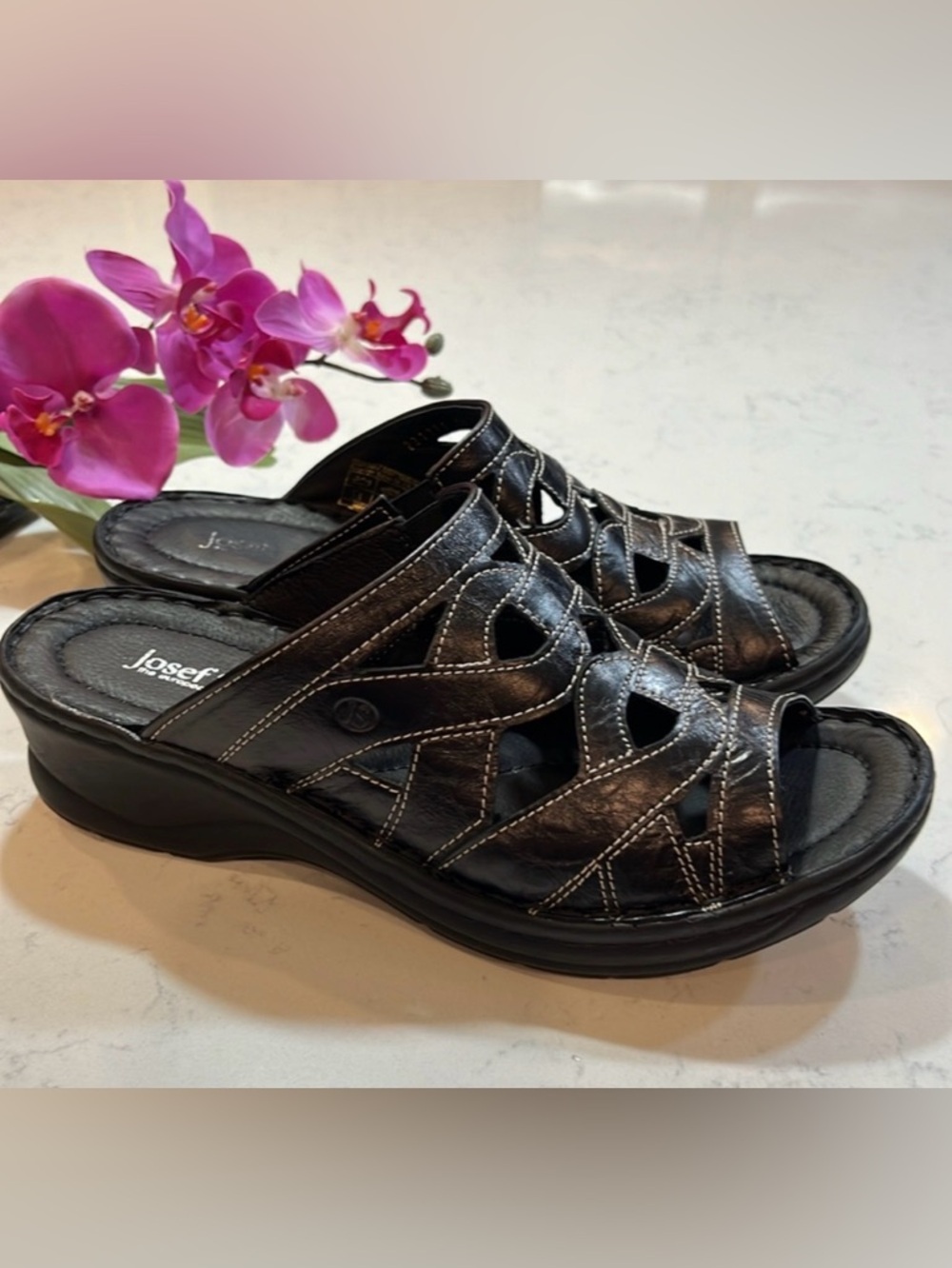 Josef Seibel SZ 40 US 7.5 Leather Open Toe Sandal Wedge Black